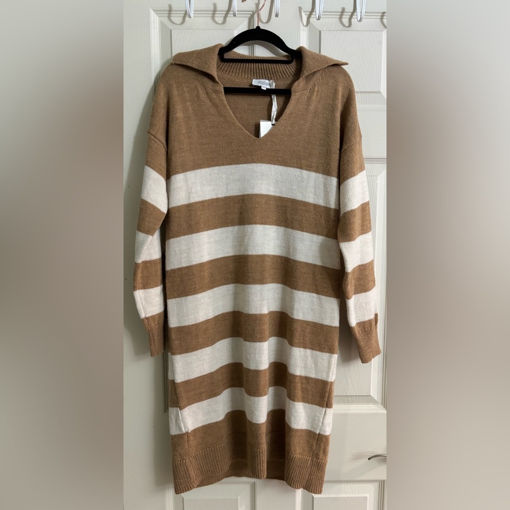 Cocogio Women Brown Cream V-Neck Stripe Italian Wool Alpaca Blend Sweater Dress